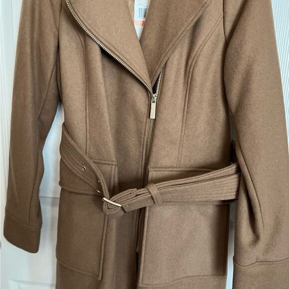 Michael Kors Asymmetric Zip Wool Blend Belted Coat in Dark Camel Size Small NWT - Picture 3 of 9